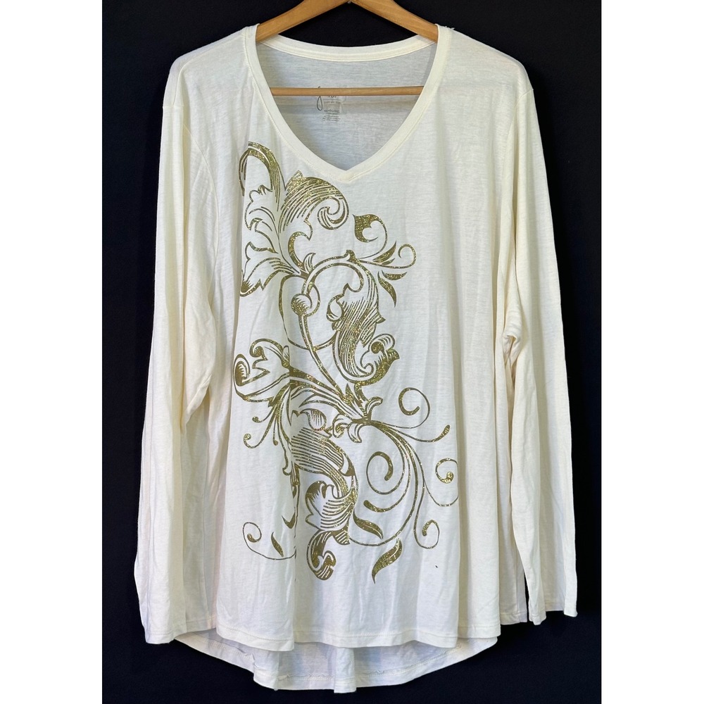 Just My Size Top Gold Glitter Filigree V-Neck Women 4X Cream Comfort Vacation